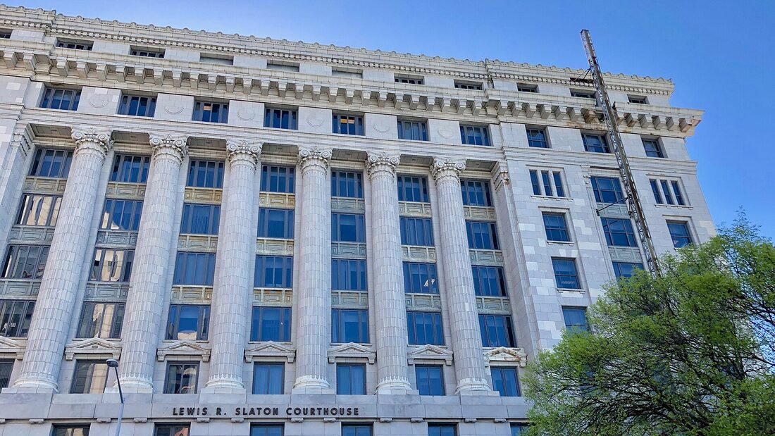 The columned facade of the Lewis R. Slaton Courthouse in Atlanta